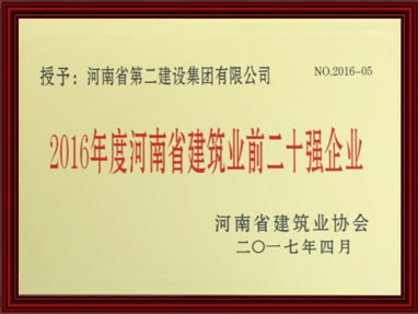 2016年度河南省建筑業(yè)前二十強企業(yè)